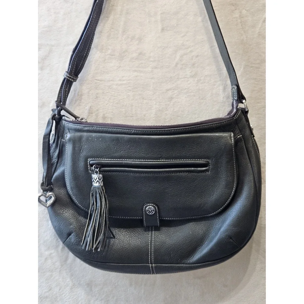 BRIGHTON Olive Green Leather Expandable Hobo Shoulder Bag Tassel Zip Heart Charm